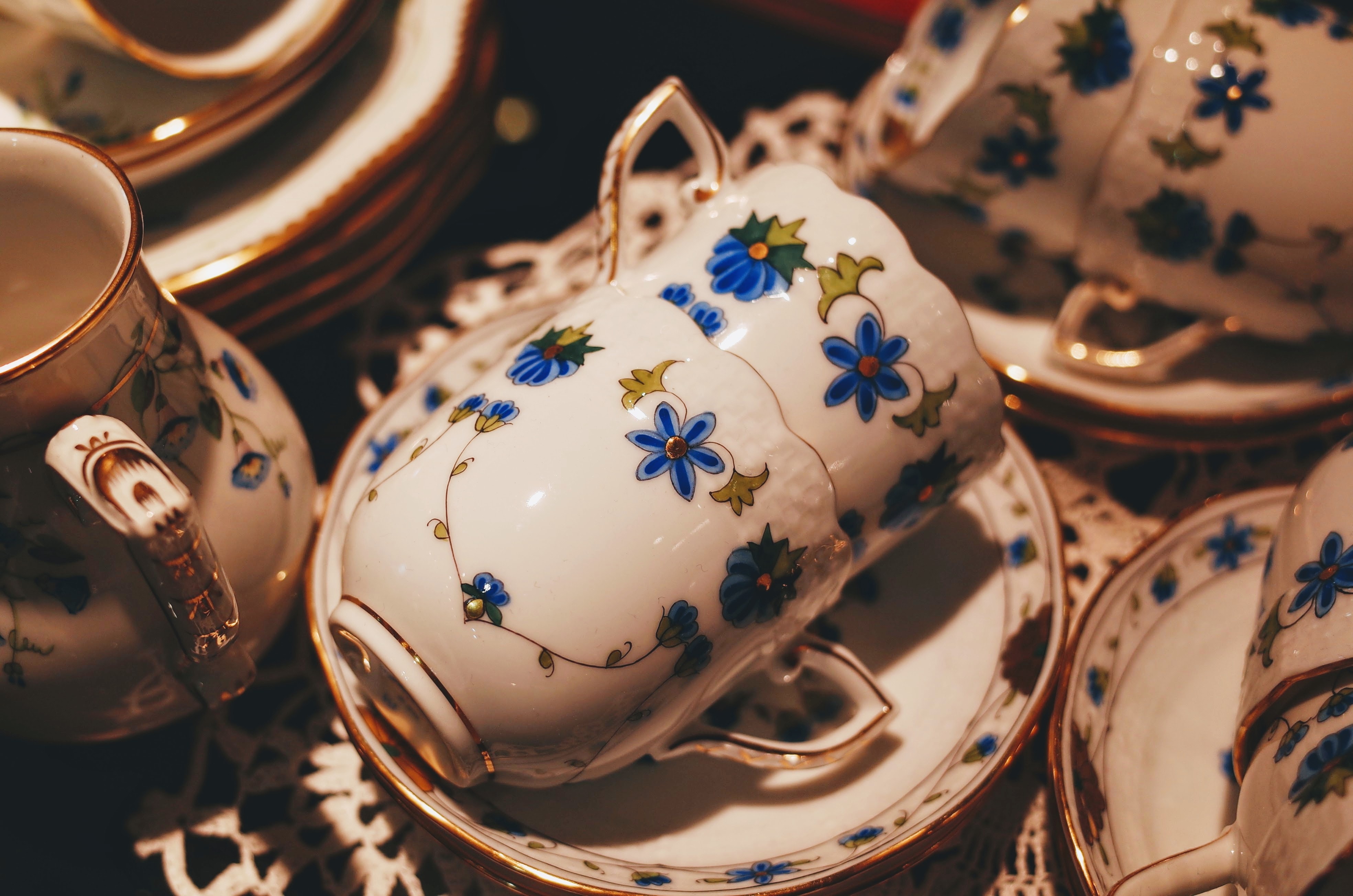 porcelain cups, saucers and milk jug